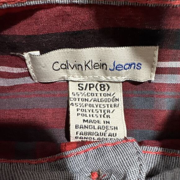 CALVIN KLEIN Jeans Boys Plaid Button up Shirt Long Sleeve Small 8 Red Gray - Picture 3 of 8